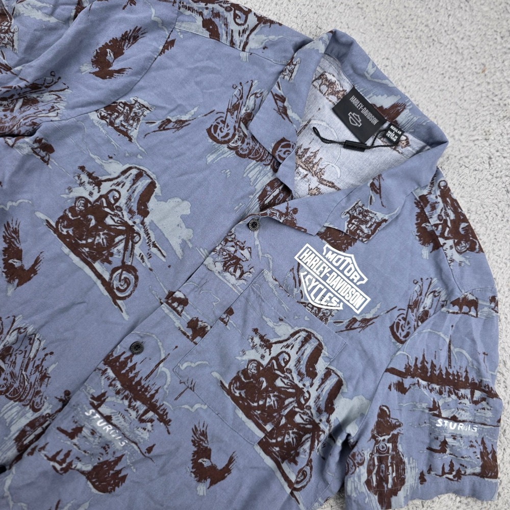 Harley-Davidson Button Down Shirt Mens L Blue Sturgis‎ Rayon Camp